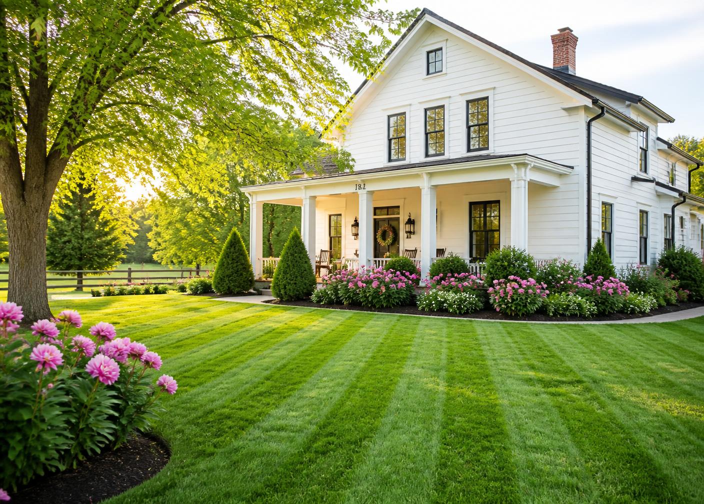 Freshly mowed lawn and flower beds at a country home