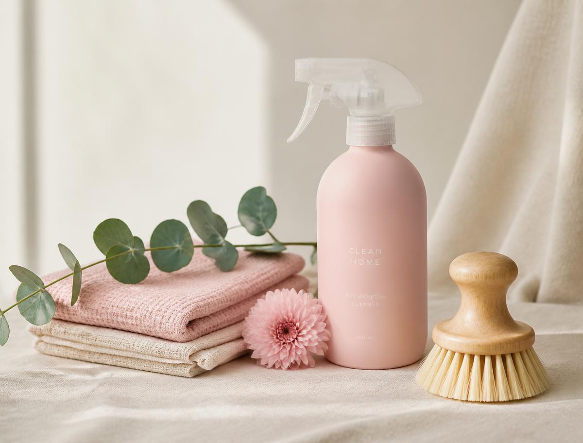 Cleaning supplies with pink cloths and a flower